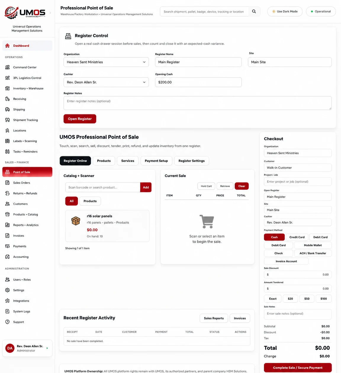 Real UMOS Professional Point of Sale interface